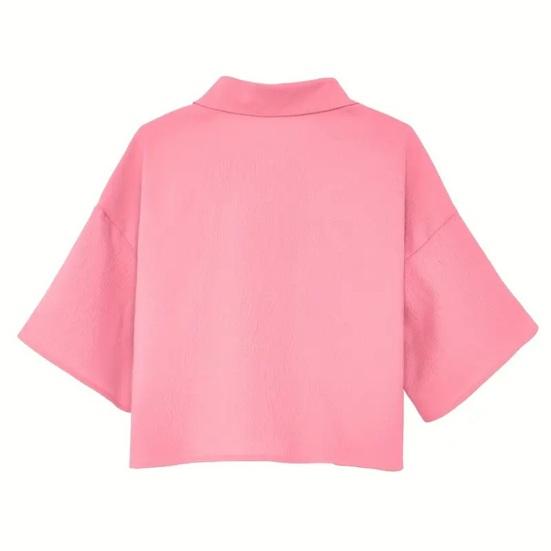 Camicia da Donna con Collo a Revers Manica Corta Top Corti Tipo Monopetto Casual con Tasca a Toppa