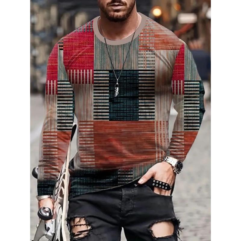 Trendy Retro Contrast Color Fabric Series 3D Printing Summer Round Neck Casual long-sleeved T-shirt Fashionable men's Clothing