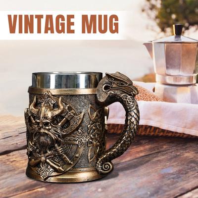 Bierkrug für Männer, Bierkrug mit Hornhelm, Edelstahl-ausgekleideter Bierkrug, Partydekoration Trinkgeschirr Geschenk(Fassungsvermögen 600 ml)