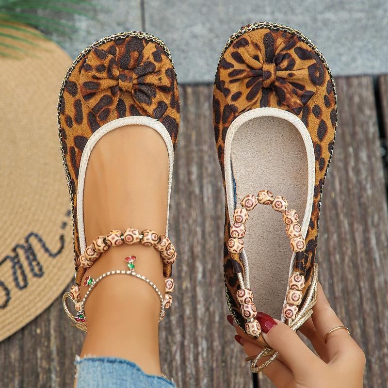 

Весенне-осенние новые туфли-лодочки на плоской подошве с круглым носком и леопардовым принтом, ретро, с бисером, с мелким вырезом, больших размеров, повседневные, универсальные, женские туфли 43 цветной печати леопарда