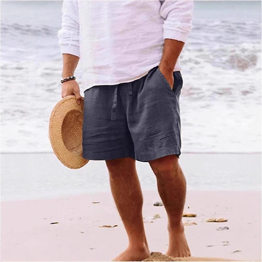 Men's Summer Cotton Linen Pocket Shorts - Breathable, Comfortable Mid-Length Drawstring Casual Beachwear