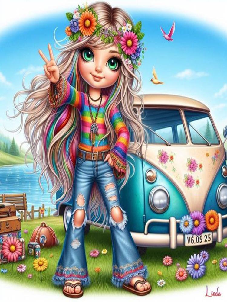 DIY Diamond Painting Kit Cute Little Girl VW Bus Car Landscape Flowers Full Square&Round Diamond Mosaic Embroidery Cross Stitch