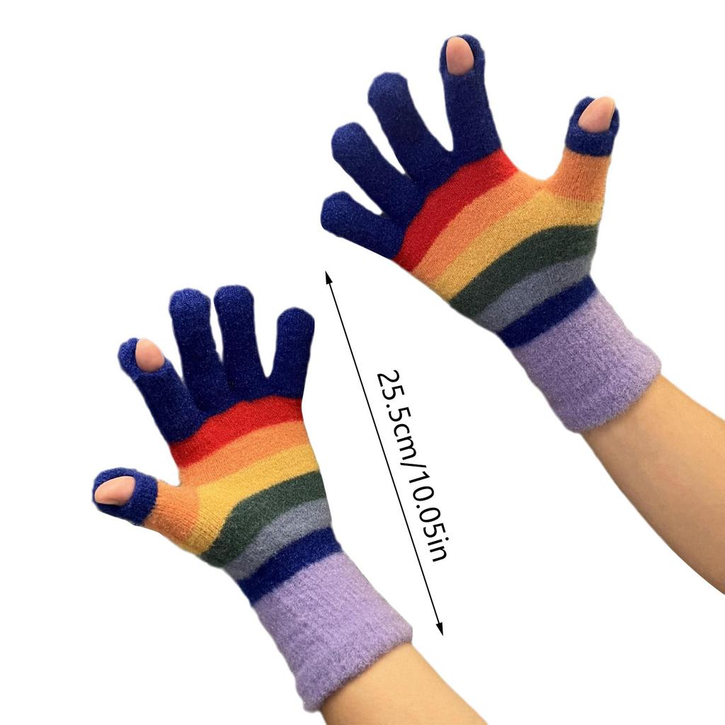 Girls 2 Finger Exposed Gloves Full Finger Warm Mittens with Striped Pattern Knitted Mittens for Women Winter Supplies