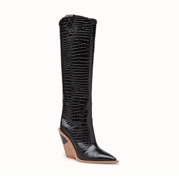 Leather women knee high boots pointed toe western cowboy boots women mid-calf chunky wedge boots