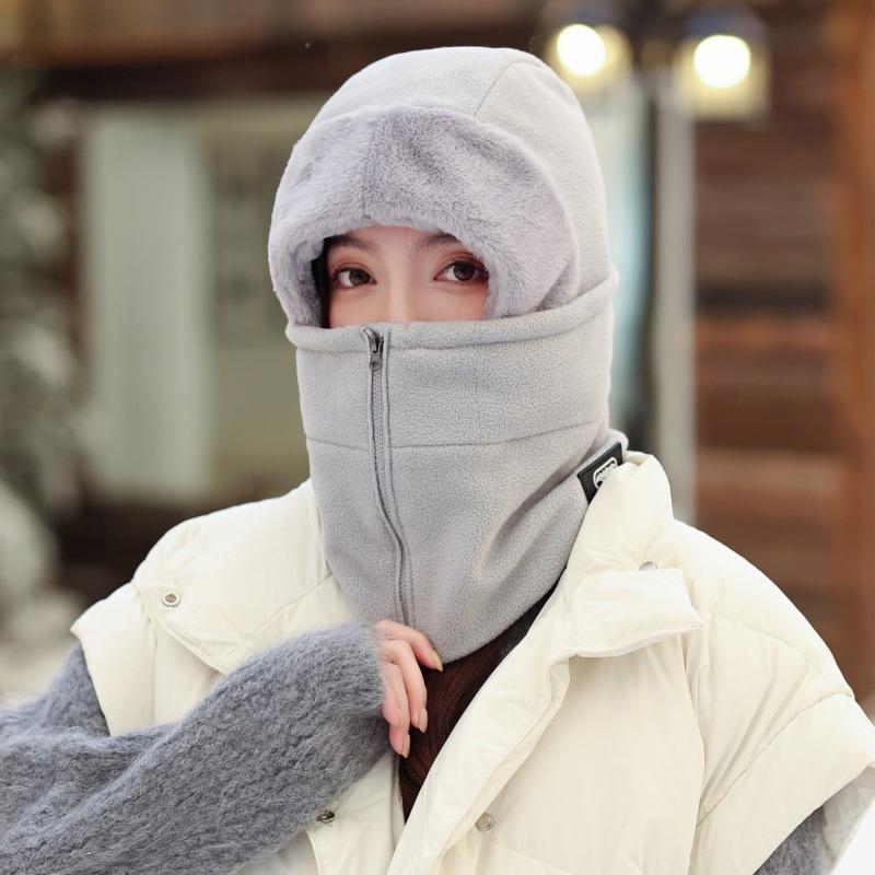 Autumn and Winter Headgear Female Cycling Warm Electric Vehicle Windproof Mask Integrated Fleece Ear Protector Pullover Cap