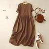 2025 Summer Literary Loose Cotton Linen Dress - Women's Solid Color, Round Neck, Short Sleeve, Mid-Length