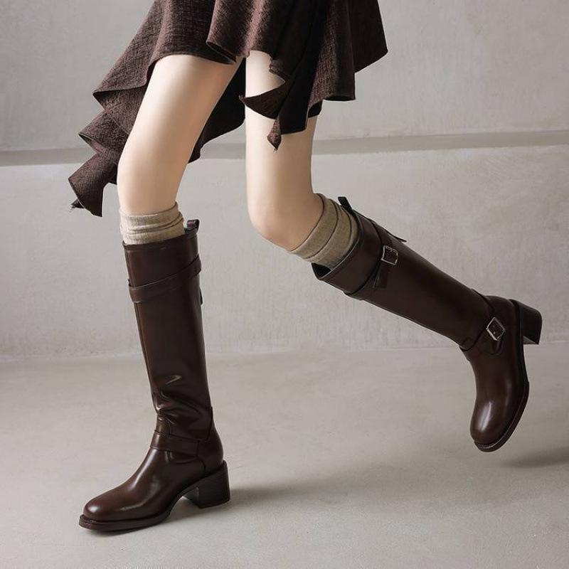 Versatile Leather Large Size Knight Boots Solid Color Back Zipper Middle Heel Round Head Square and Autumn and Winter Square and Women's High Boots