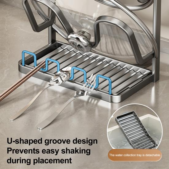 Pot Lid Storage Rack Pot Lid Holder with Spoon Rest While Cooking Carbon Steel Pan Lid Organizer with Removable Drip Tray for Kitchen Cabinets