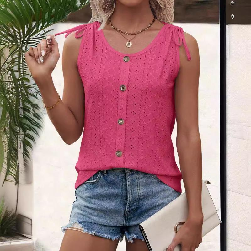 U Neck Summer Women Hollow Out Tank Tops Sweet Solid Color Sleeveless Blouse Fashion Elegant Buttons Shirts Large Size Office Simple Casual Clothing