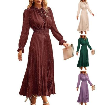 Women Fall Spring Dress Dot Print Pleated High Tight Waist Long Sleeve Shirring Collar Lace Up V Neck Mid-calf Length Lady Midi Dress
