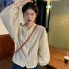 Women's Spring/Fall Sweet Lace-Panel V-Neck Striped Shirt Student-Style Long-Sleeve Bell-Sleeve Blouse