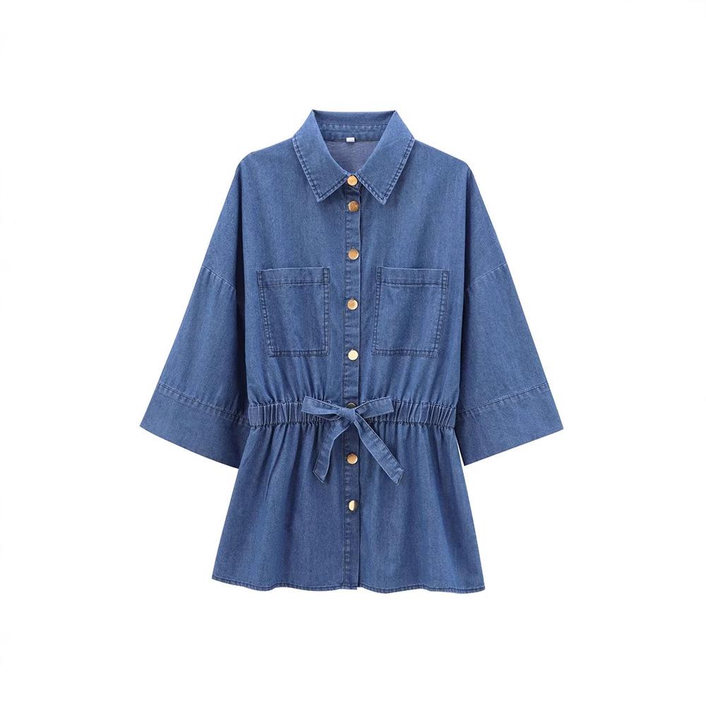 Women's Early Autumn Denim Set: Turn-Down Collar Tie-Waist Shirt & Draping Wide-Leg Pants