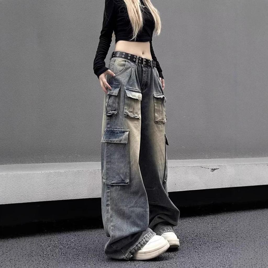 Trendy American Street Style High-Waisted Wide-Leg Cargo Jeans for Women