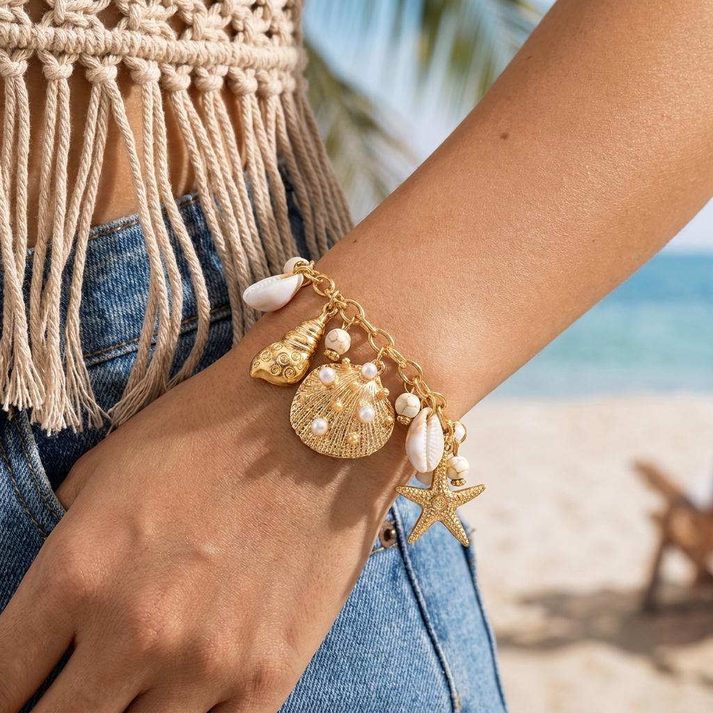 Design Sense Marine Element Pendant Bracelet for Women Imitation Pearls Conch Starfish Beaded Bracelet Bohemian Jewelry Gift
