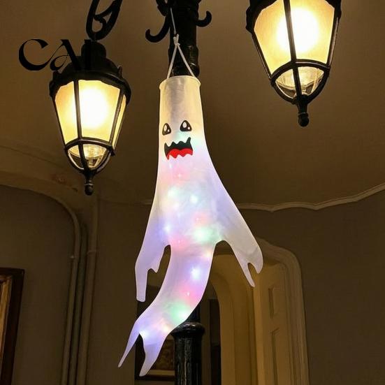 Theme Cafe Hanging Decorations 47 Inch Halloween Ghost Windsock with LED Lights, Luminous Flying Ghosts Flag Wind Socks for Tree Outdoor Yard