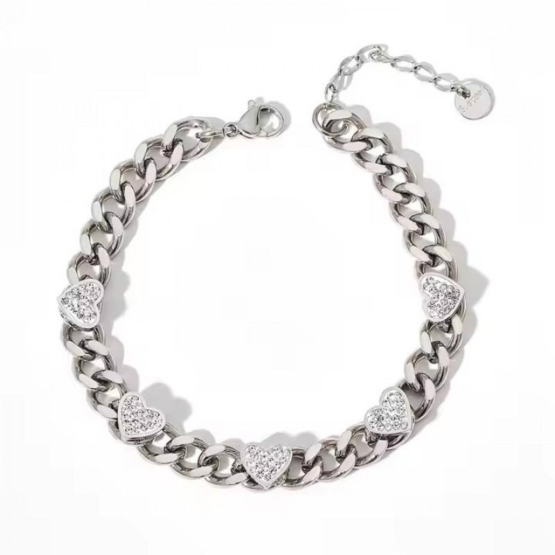 Stainless Steel Heart Shape Zircon Cuban Link Bracelet Women 18K Gold Plated Titanium Luxury Fashion Jewelry