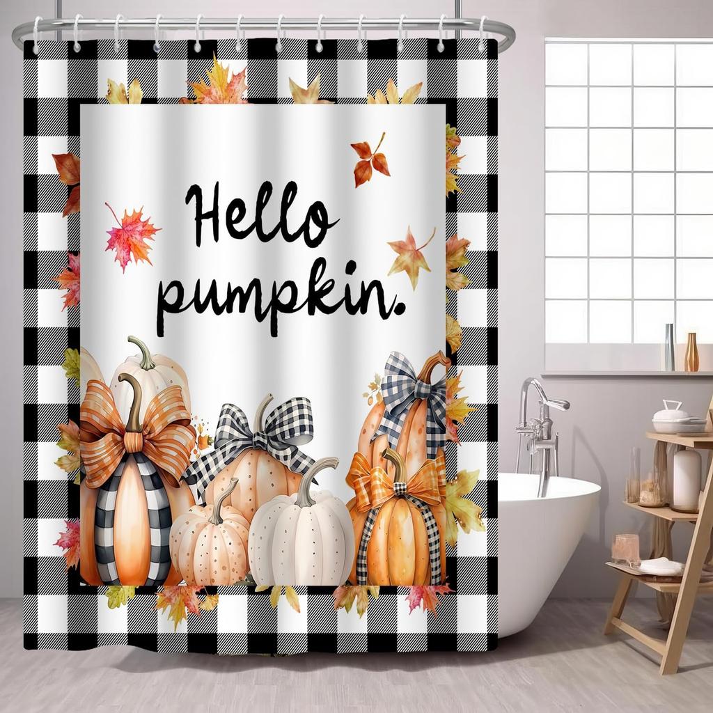 Fall Pumpkin Shower Curtain Buffalo Pumpkins Polka Dot Pumpkin Maple Leaf Autumn Harvesting,Black White Check Fabric BathCurtain