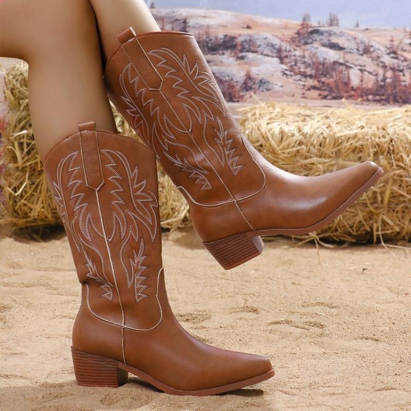 Vintage Embroidered High Boots Women's Autumn and Winter Coarse Heel Medium Heel Boots Pointed Western Cowboy Boots Women's