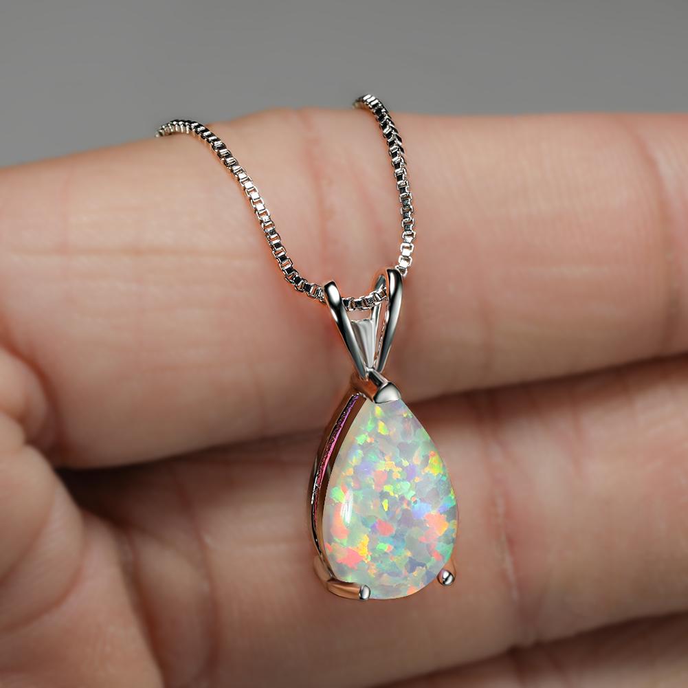 Pear Cut Rainbow Blue Purple Pink Orange Green Fire Opal Necklaces For Women Silver Color White Stone Pendant Wedding Jewelry