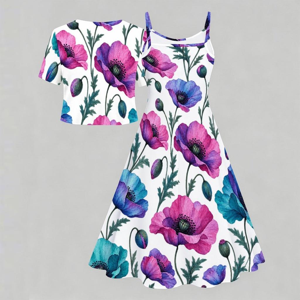 Women Plus Size Floral Printed Two Piece Set Short Sleeve Tie Front Shrug Strappy Flared Dress