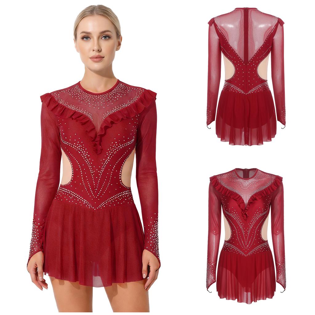 Dámský síťovaný trikot s kamínky Dlouhý rukáv Volánkové lemy Síťovaná sukně Body Šaty Jumpsuit pro krasobruslení
