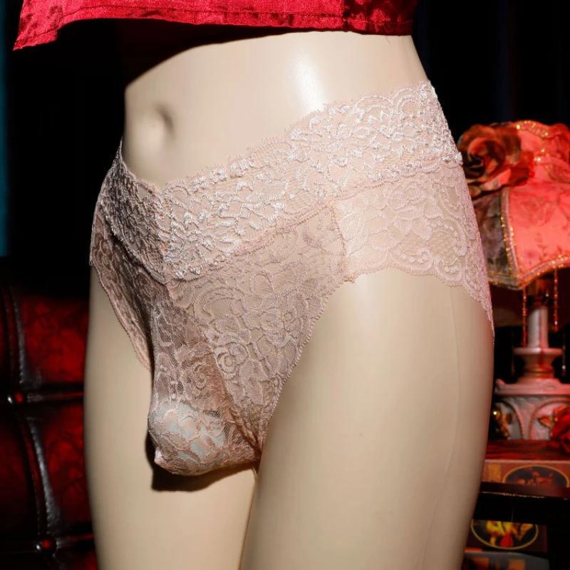 Roupa íntima com Bolsa Sissy Masculina Renda Ultra Fina Calcinhas de Tela Vazada Roupas Íntimas de Crossdressing Feminização Gays Lingerie