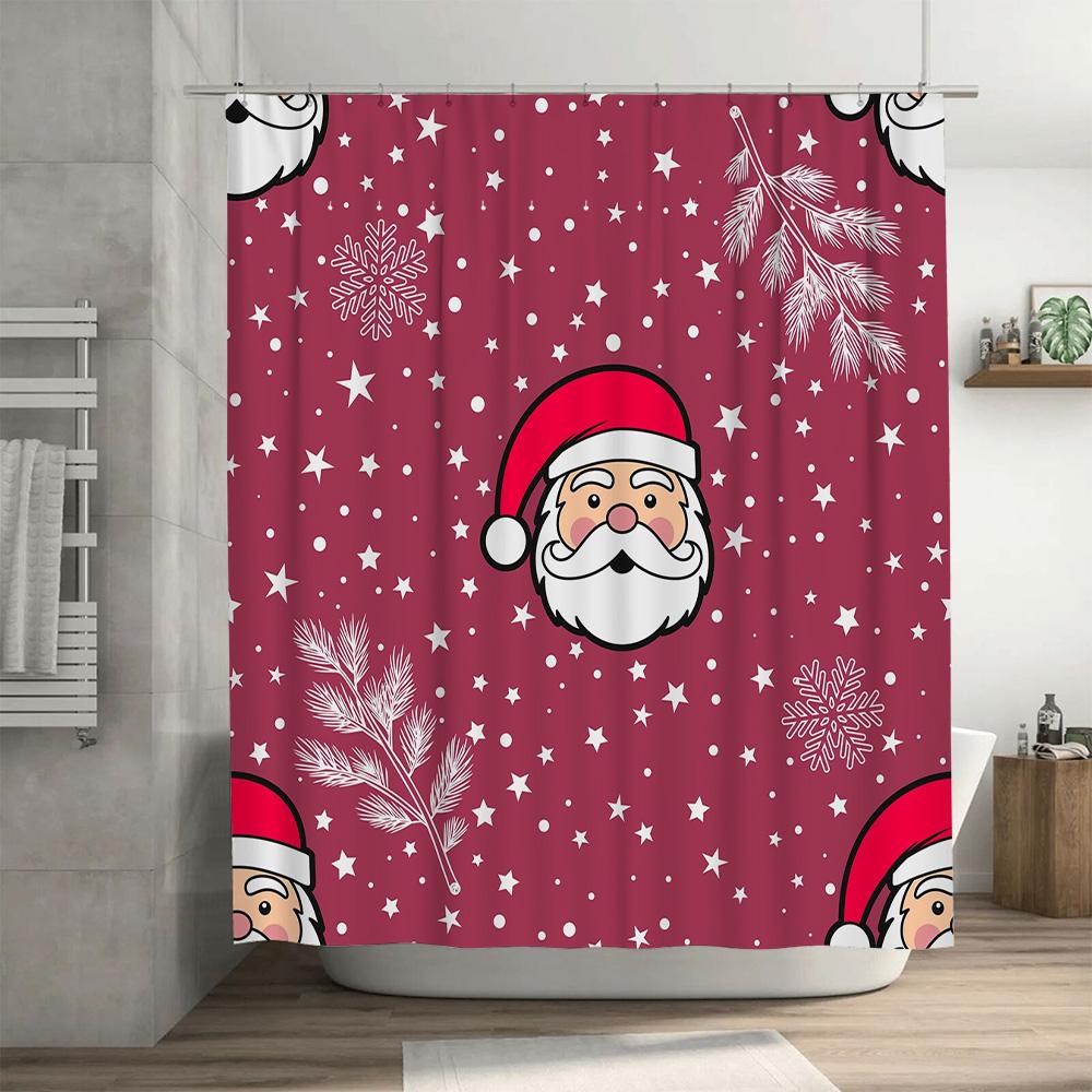 Charming Santa Claus Red Shower Curtain with White Stars for Christmas Decoration in Bathroom Home Decor Item
