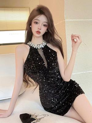 Sparking Black Mini Dresses Women Halter Sequins Patchwork Slim Vintage Elegant Party Dress Glitter Bodycon Birthday Dress