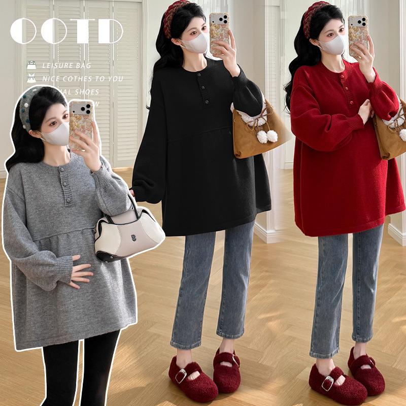 Spring 2026 Korean-Style Casual Mid-Length Maternity Knit Top - Multi-Color Options L