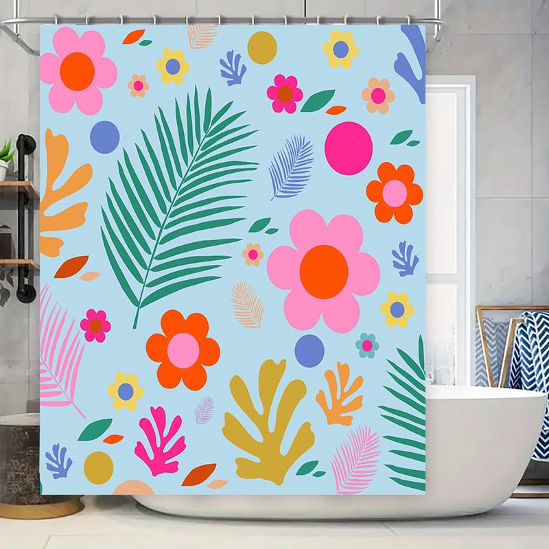 Vibrant Floral Shower Curtain Bold Pink Flowers Green Leaves on Soft Blue Background Modern Bathroom Decor for Girls Room Waterp