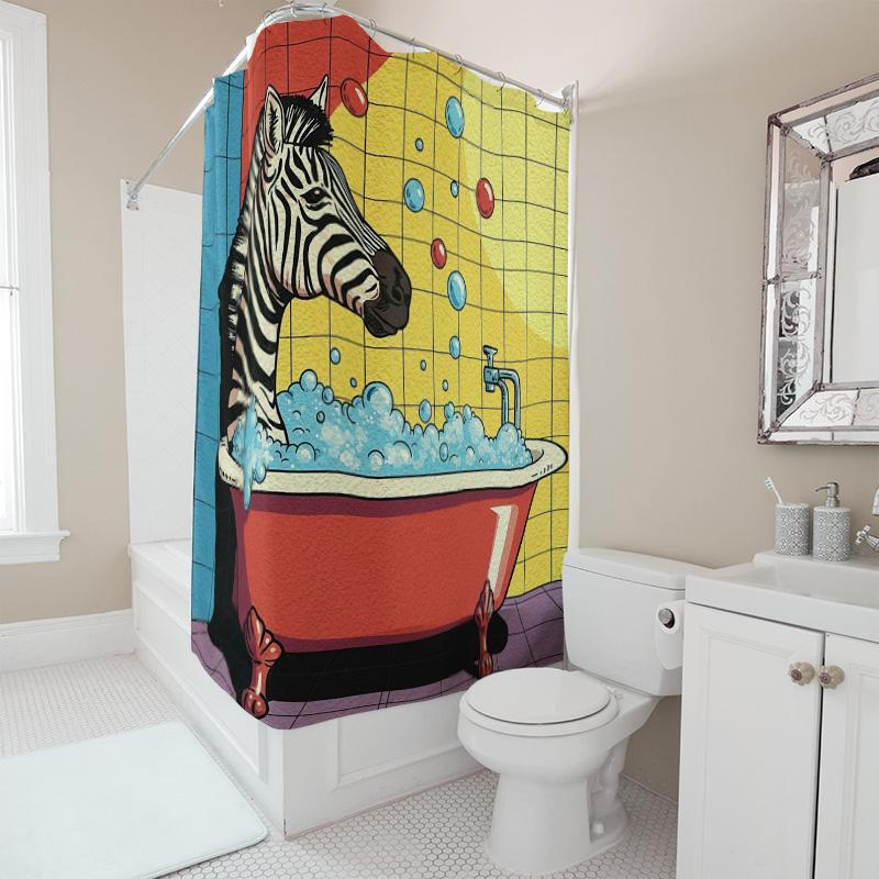 Animal Pattern Pop Art Shower Curtain Zebras Bathing In A Bubble Tub Red, Blue, Yellow Colorful Background Bathroom Decor Home A