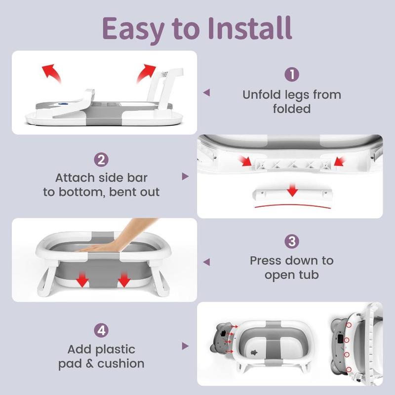 Portable Travel Baby Bath Tub for Toddler 0-36 Month,foldable Bathtub with Real-time Temp Monitor&Soft Cushion for Newborn