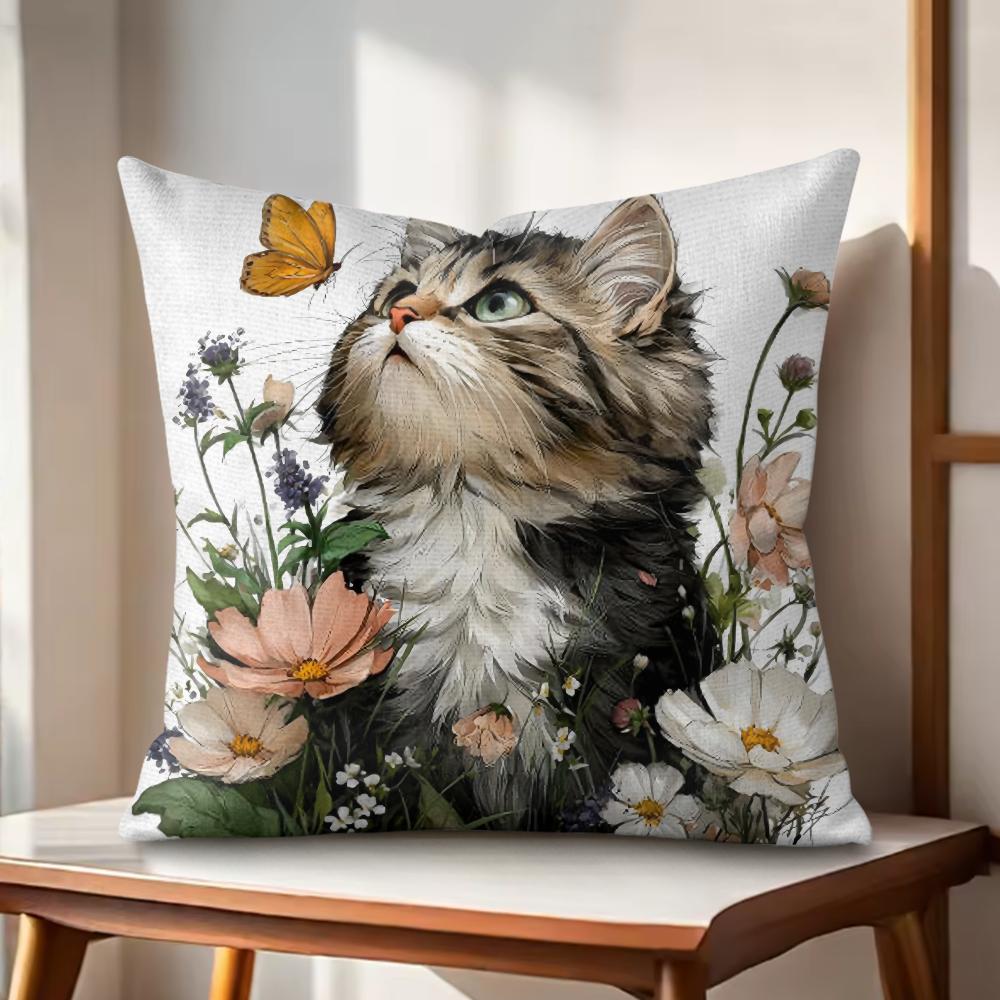cute cat and flower Cushion Cover Natural Linen Organic Fabric DoubleSided Printing Couch Pillow Covers Home Decor Gift