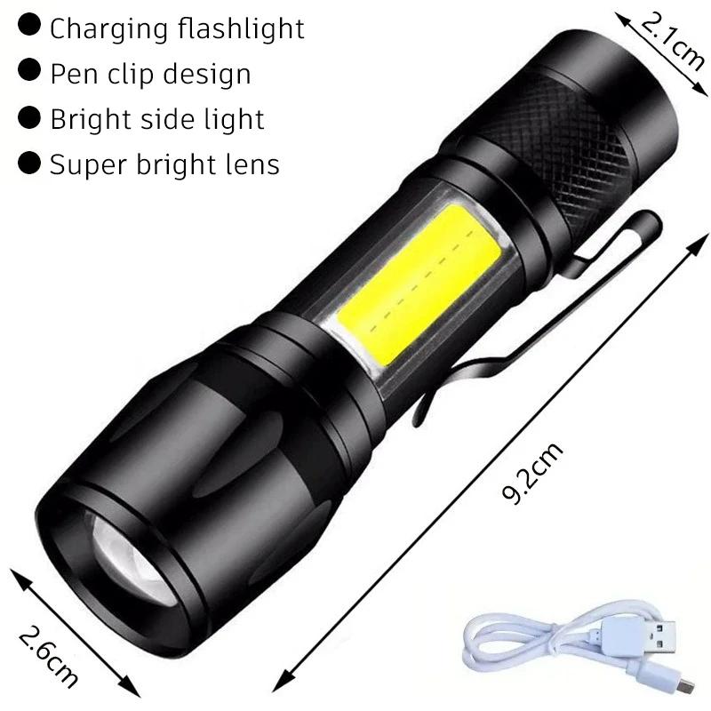 Super Bright Mini LED Flashlight With COB Side Light USB Charging Portable EDC Torch Waterproof Camping Working Handheld Lantern