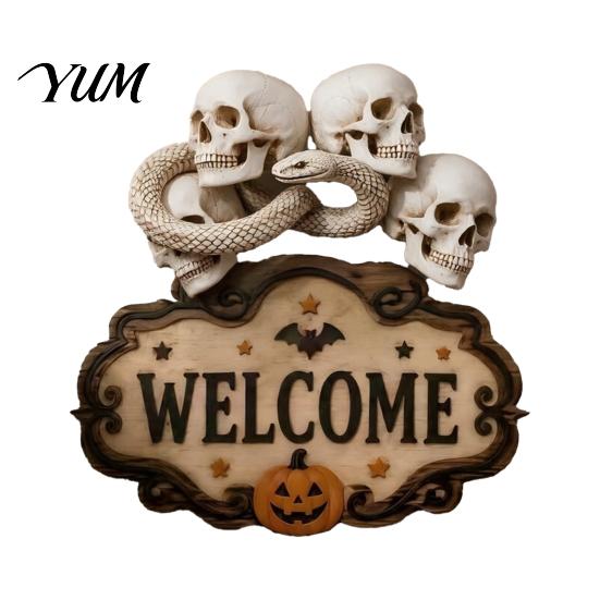 Entrance Door Ornament Halloween Wooden Welcome Sign, Spooky Skull Frog Crow Witch Hanger, Festive Holiday 2D Wall Hanging Sign for Home Party