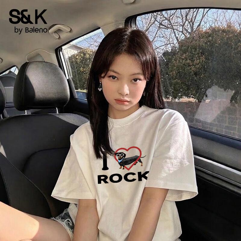 Baleno S&K American Retro Dachshund Print Cotton T-Shirt for Women 2XL