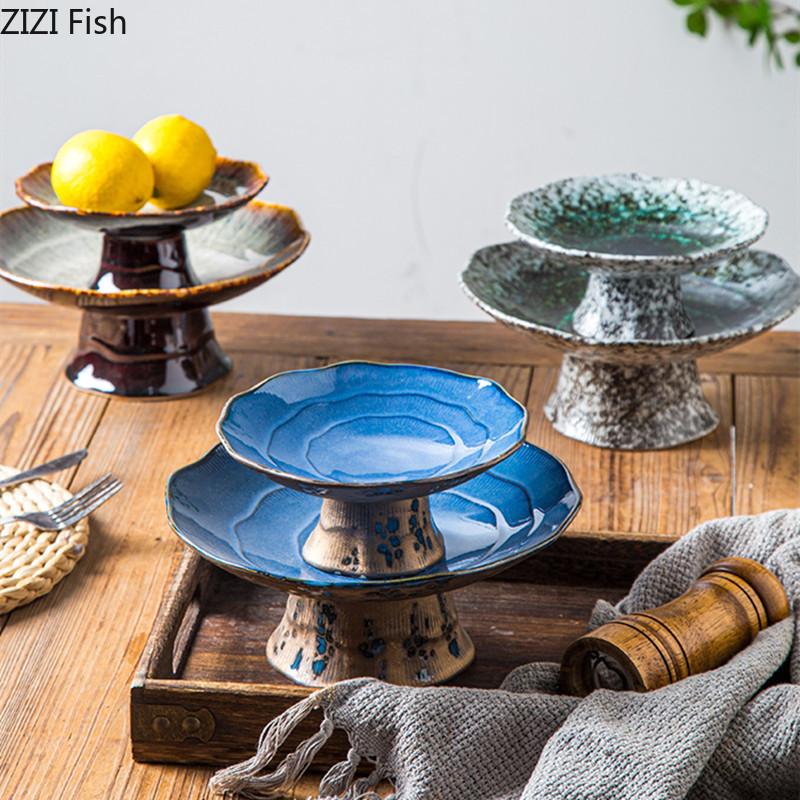 Chinese Style High Legged Dim Sum Plate Vintage Ceramic Fruit Plate Household Living Room Candy Snack Plate Kitchen Tableware