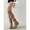 Cowhide version~ retro matte tall western boots women's fat mm big tube circumference thin boots thick heel long tube stacking boots