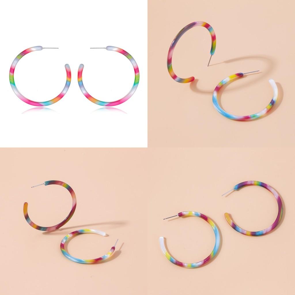 Fashionable C-shaped Rainbow Acetate Earrings Colorful Alloy Hoop Jewelry
