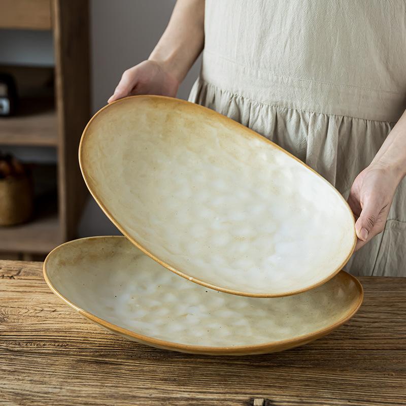 Retro Coarse Pottery Large Plate Japanese Boat Plate Household Fruit Plate Tableware Large Vegetable Plate Restaurant Plate Large Fish Plate