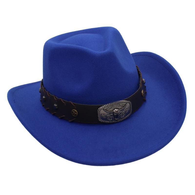 Gekreuztes Stierkopf-Abzeichen Zylinderhut Westlicher Cowboyhut Britischer Jazzhut Nationaler Stil Filzhut Ritterhut Elegant