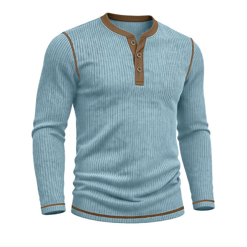 Men's Henry Neck Knit Long Sleeve T-Shirts Color Block Ribbed Casual Slim Fit Pullover Tops Autumn Winter Thermal Undershirts Men