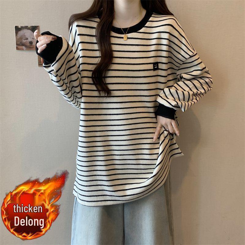 Women's Plus Size Striped Fleece Long-Sleeve Base Layer Top for Autumn and Winter