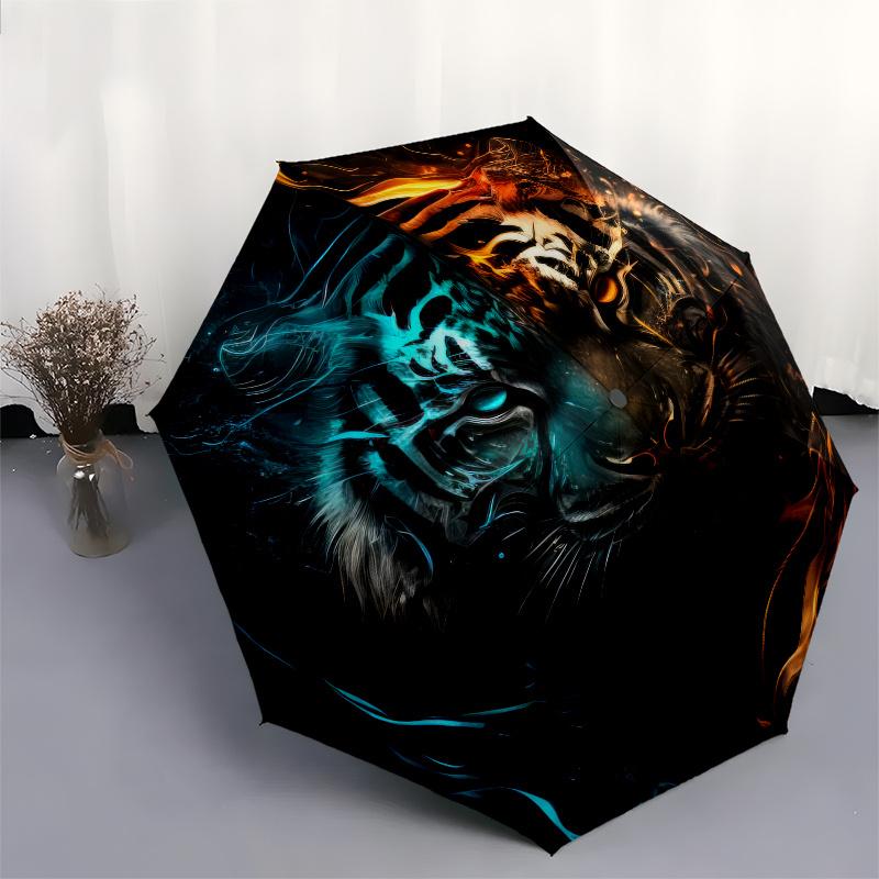 Flame & Ice Tiger Artistic Umbrella - 3-Fold Compact Portable Design, Stylish Wall Decor for Men & Women, Perfect Valentine'S