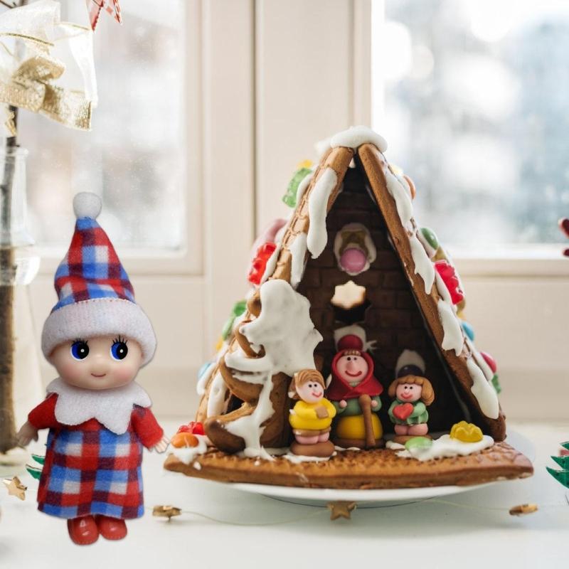 Holiday Baby Elf Miniature Doll with Plaids Accessories For Home Office Christmas Decors Festives Desktop Shelf Display