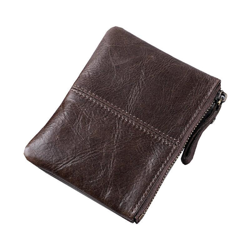 Mens and Women Retro Real Leather Zipper Wallet Card Holder Small Coins Keys Pocket Money Storage Pouch with Chain Key-ring