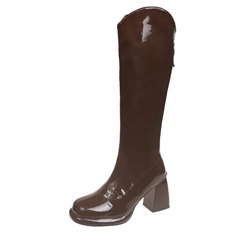 2024 Autumn-winter Patent Leather V-mouth Female Autumn-winter New High Heel and Large Tube Girt Knight Boots