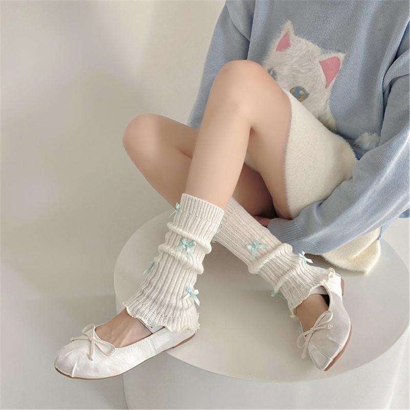 Sweet Girls Leg Warmers Women Ribbed Knit Striped Foot Cover Elegant Bowknot Ruffled Trim Boot Cuffs Footless Calf Socks