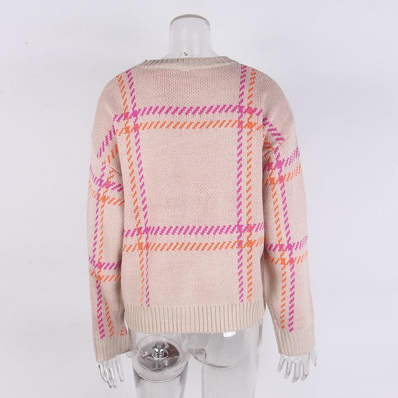 Europäischer & Amerikanischer Karomuster Farbblock Rundhals Pullover Strickware für Damen - Herbst/Winter Stil