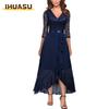 Fashion Summer Spring Solid Color Print Long Sleeve V-Neck Casual Dresses